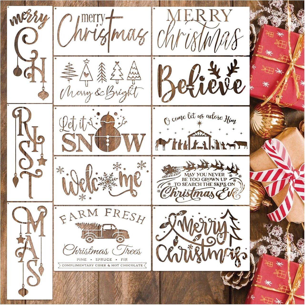 13 Pcs Christmas Stencils for Painting on Wood (13 Christmas Porch) 12.6"L x 8"W